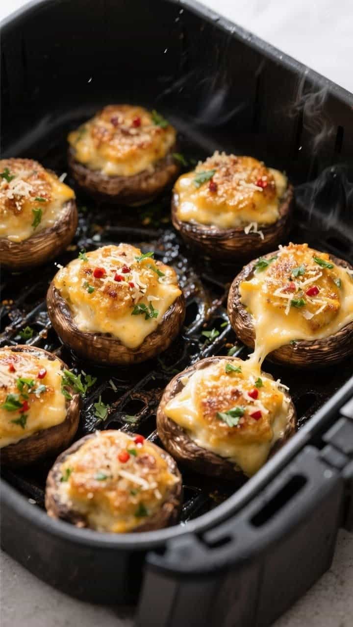 Overhead shot of keto air fryer stuffed mushrooms just finished cooking in the air fryer basket, arr