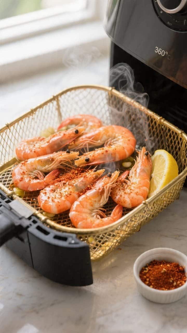 Overhead shot of pre-cooked shrimp reheating in an air fryer basket at 360°F: a single, uncrowded l