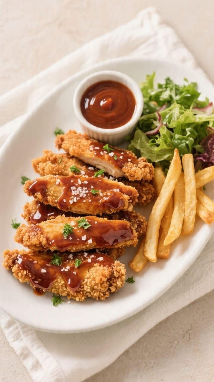 Tasty top view, final dish presentation: Overhead shot of crispy air fryer BBQ chicken strips stacke
