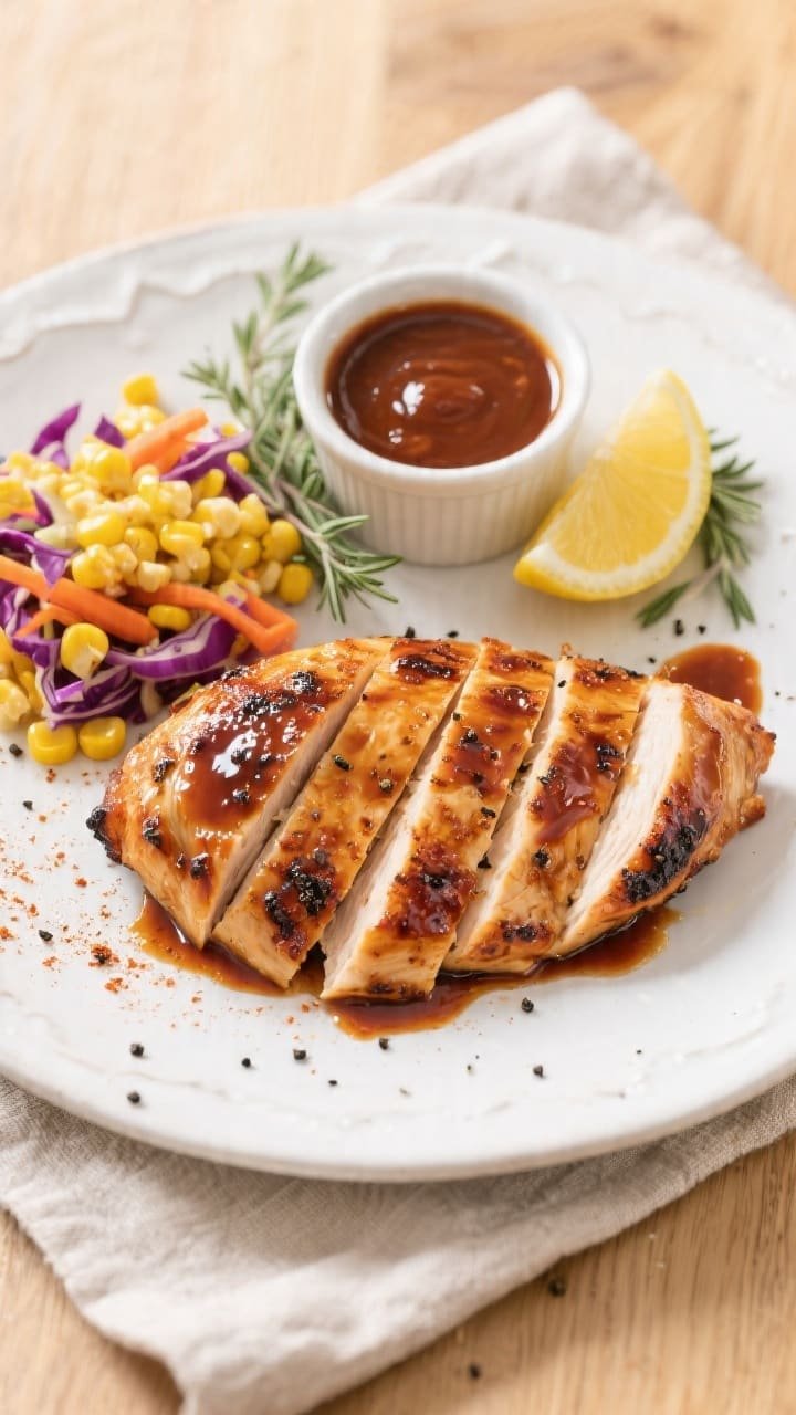 Tasty top view, final dish: Sliced air fryer BBQ chicken breast fanned on a white ceramic plate, gli