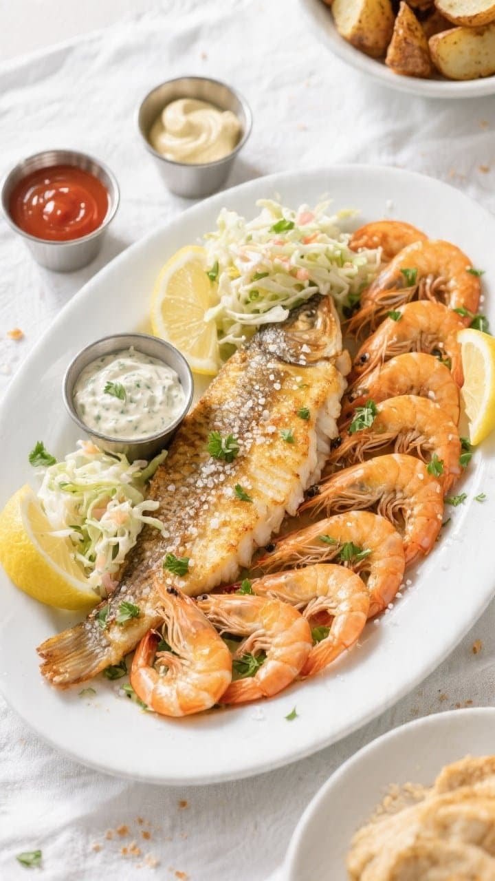 Tasty top view, final presentation: Air Fryer Fish and Shrimp Platter arranged on a white oval platt