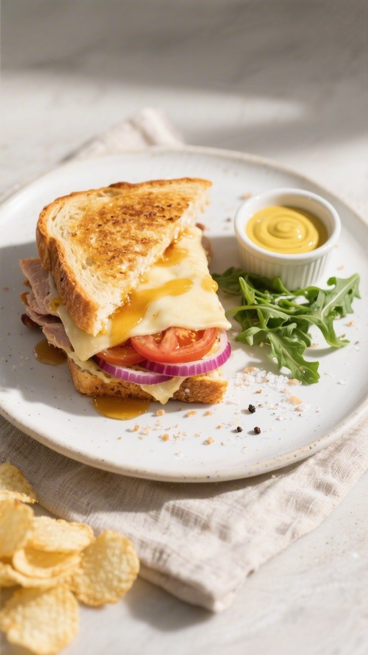 Tasty top view final presentation: Diagonally sliced air fryer turkey melt on a white ceramic plate,