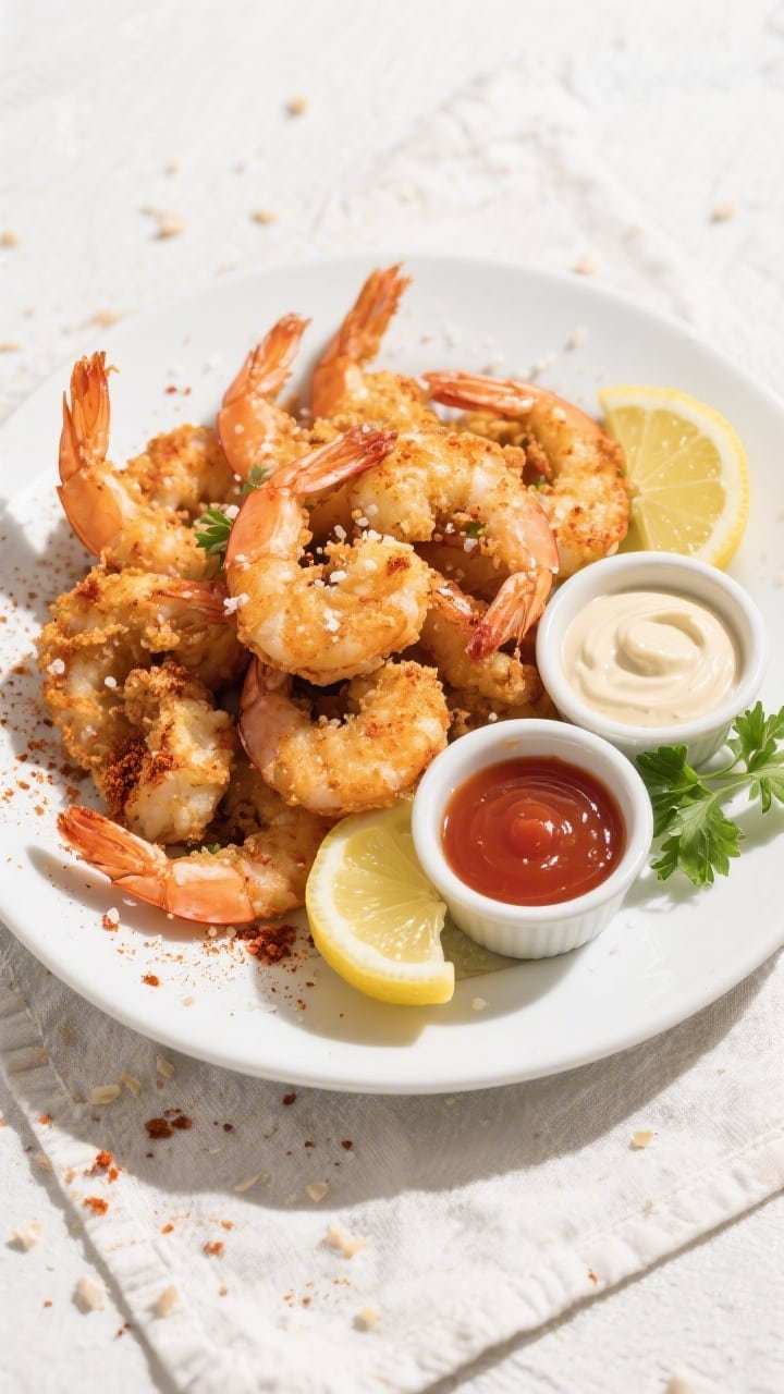 Tasty top view, final presentation: Overhead shot of a white ceramic plate piled with crispy air fry