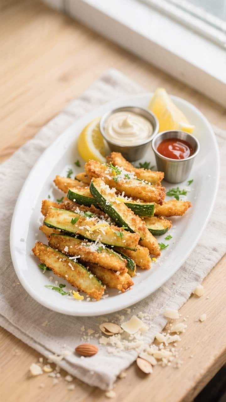 Tasty top view, final presentation: Overhead shot of air-fried keto zucchini fries arranged in a nea