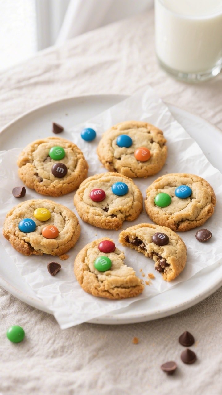 Tasty top view, final presentation: Overhead shot of a small-batch plate of air-fried M&M cookies—