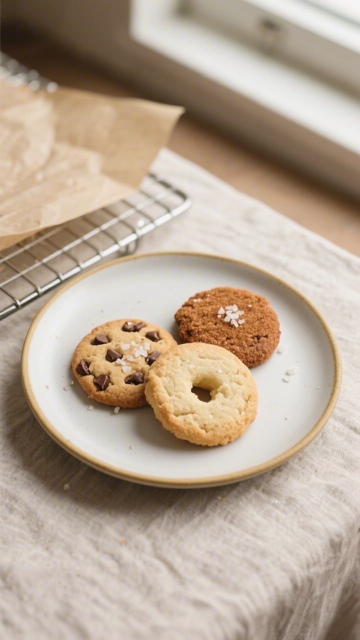 Tasty top view final presentation: Overhead shot of a small-batch plate of 3 assorted cookies (choco