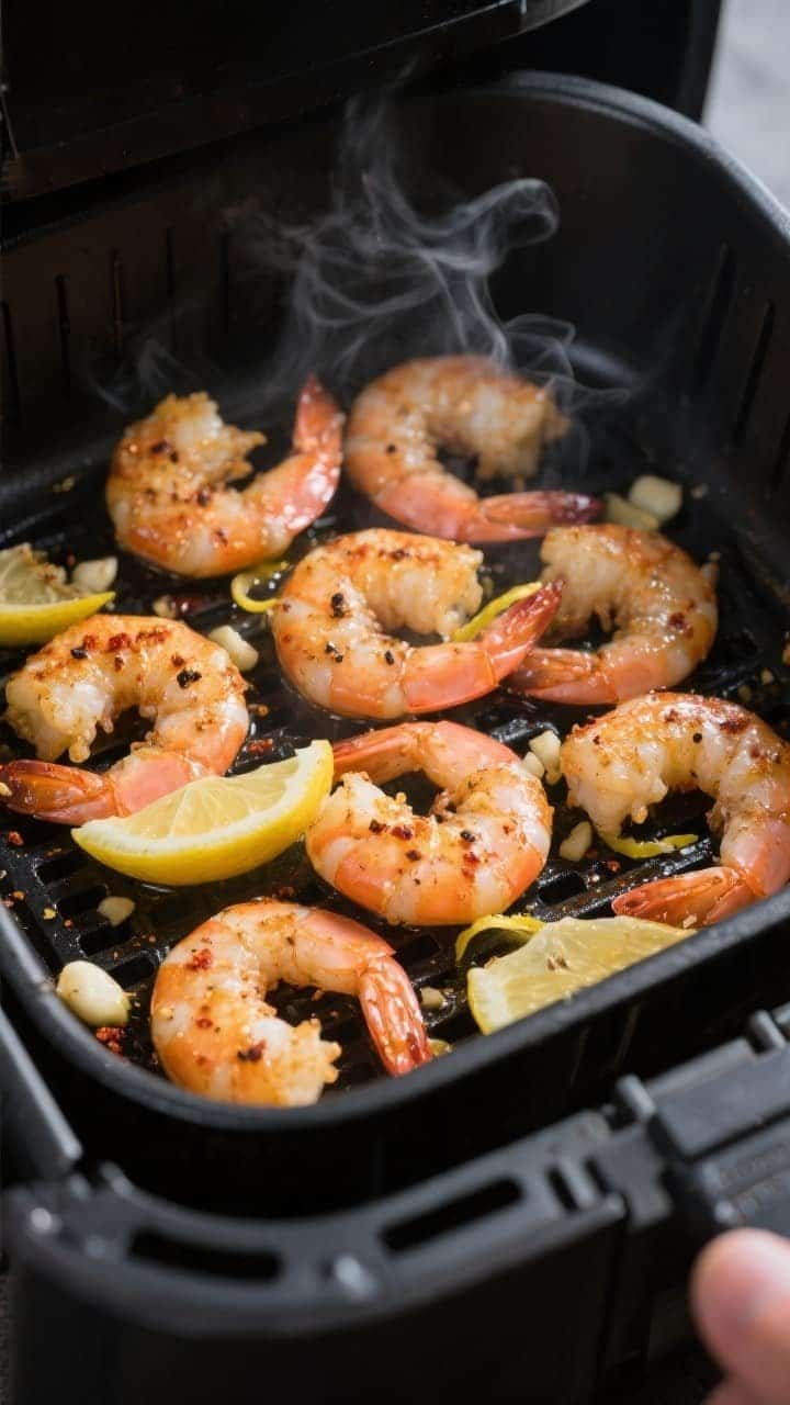 Close-up cooking process: Air-fried lemon-garlic shrimp sizzling in an air fryer basket at the flip,