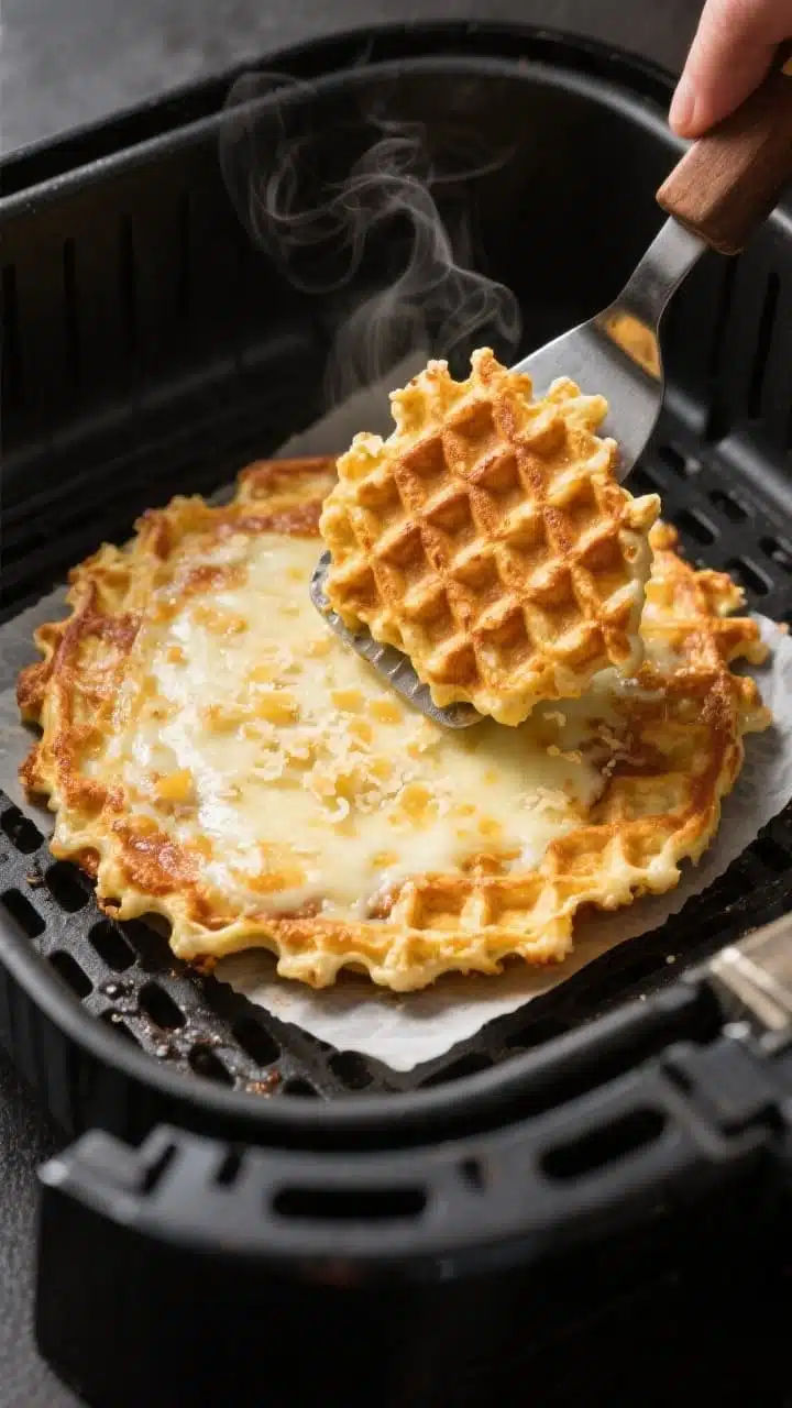 Close-up cooking process: Golden air fryer keto chaffle mid-cook inside a preheated air fryer basket