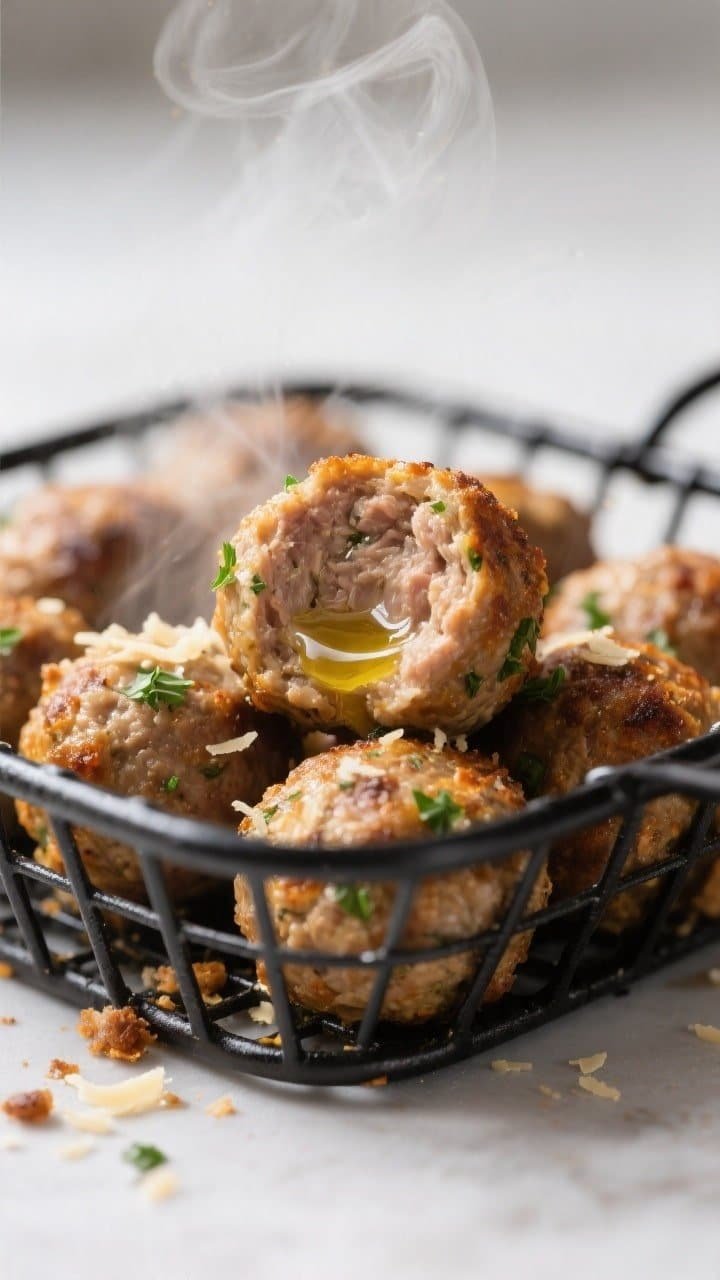 Close-up detail: Air-fried keto turkey meatballs just out of the basket, golden-brown with a lightly