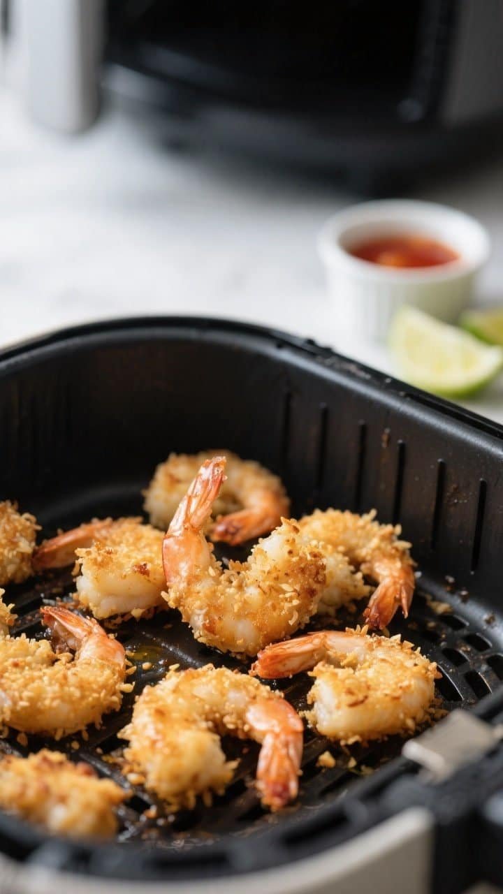 Close-up detail and cooking process: Air-fried coconut shrimp mid-cook in an open air fryer basket a