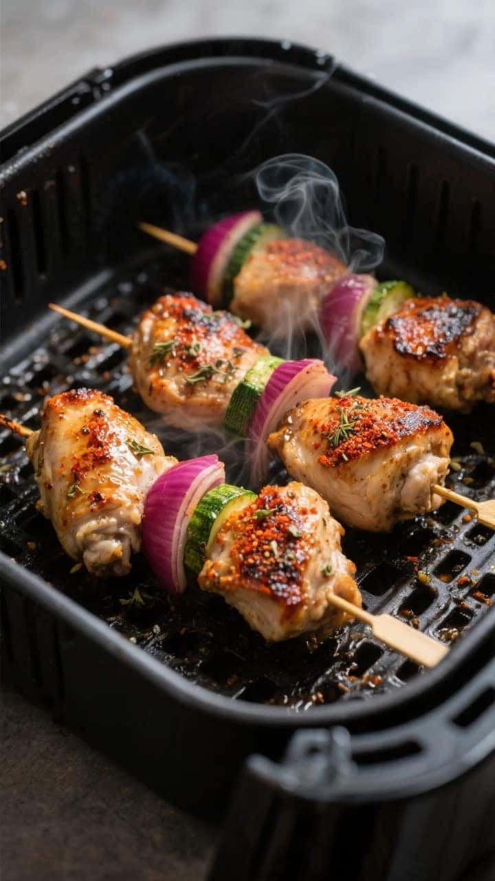 Close-up detail and cooking process: Air fryer basket at 380°F with a single layer of sizzling chic