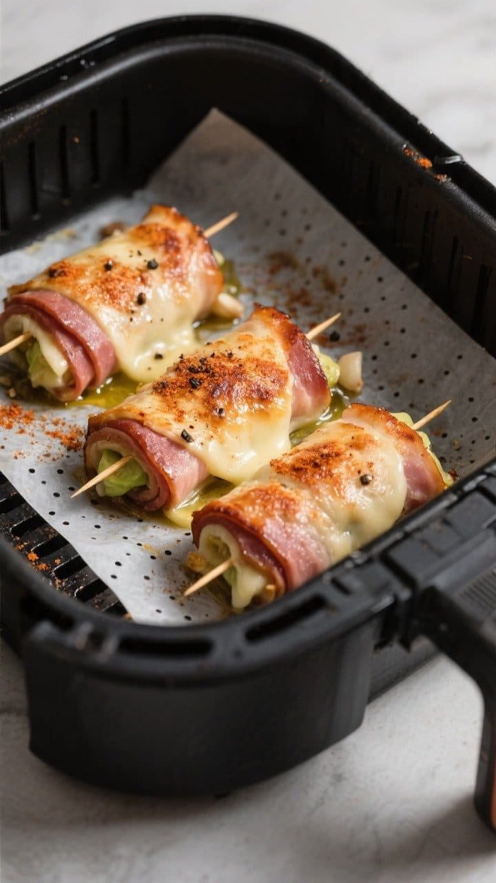 Close-up detail and cooking process: Keto air fryer ham and cheese roll ups sizzling in a preheated