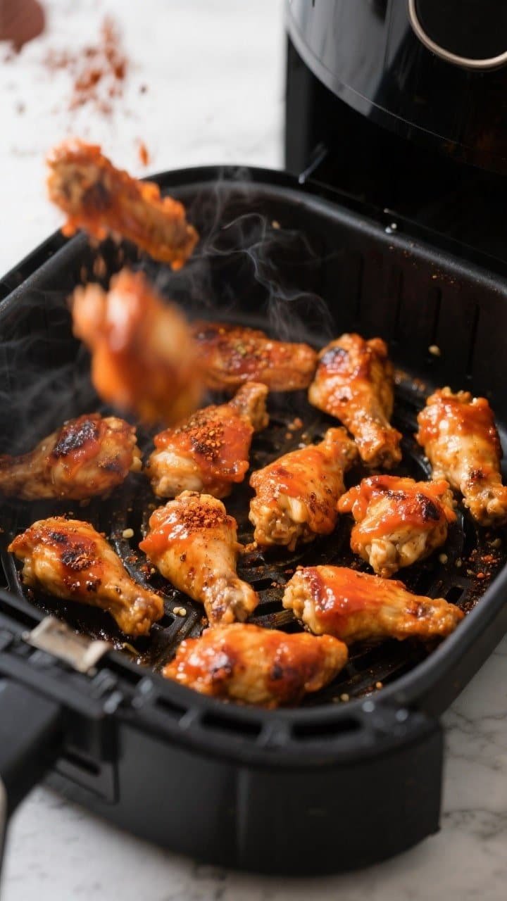 Close-up detail, cooking process: Air fryer basket at 390°F with a single, uncrowded layer of bite-