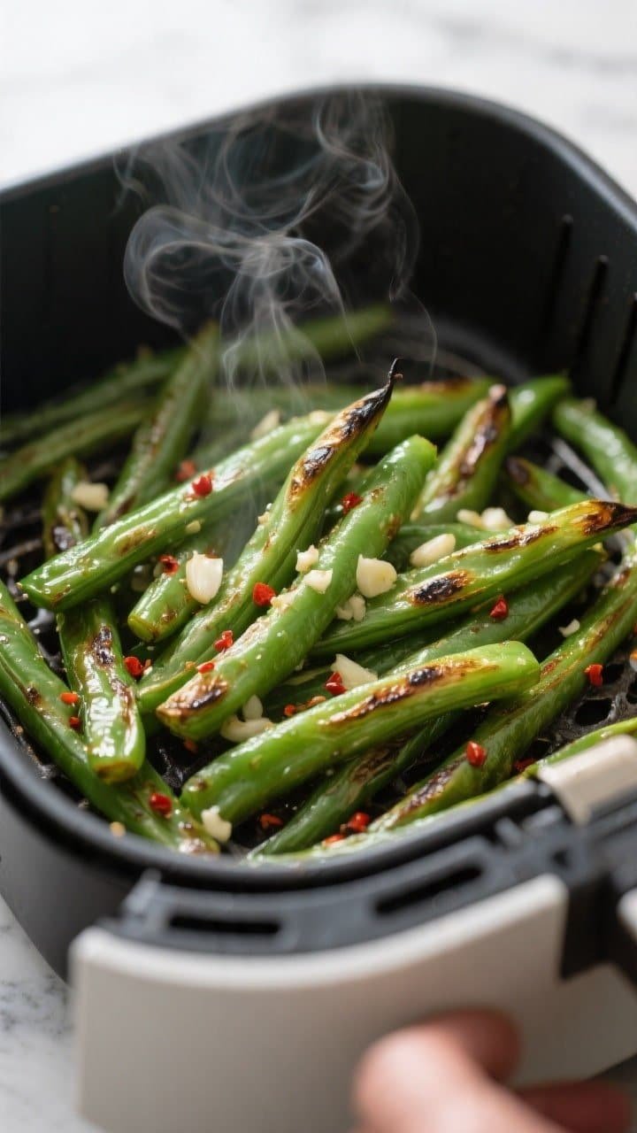 Close-up detail/cooking process: Air fryer basket at 375°F mid-cook, tender-crisp green beans with