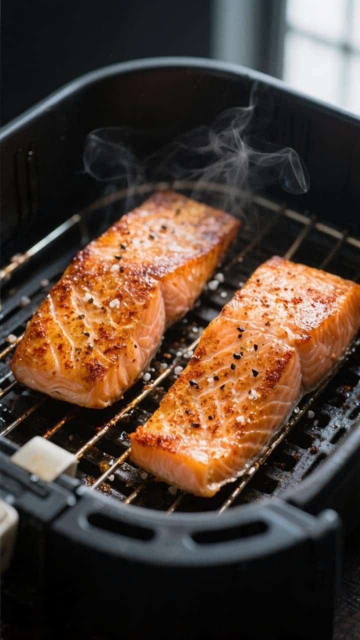 Close-up detail/cooking process: Air fryer basket opened to reveal two cooked salmon fillets, skin-s