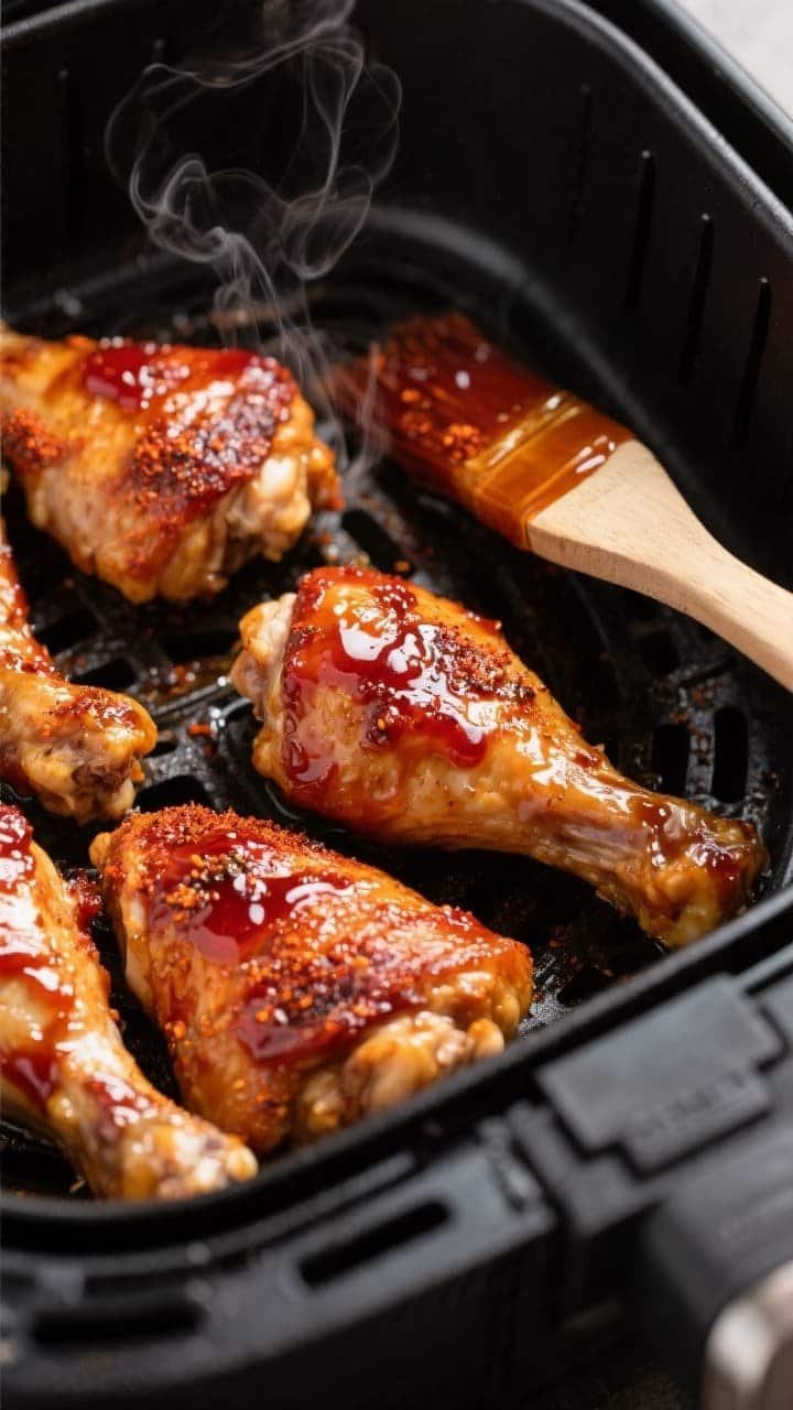 Close-up detail, cooking process: Air fryer basket at 400°F just after glazing round two, showing c