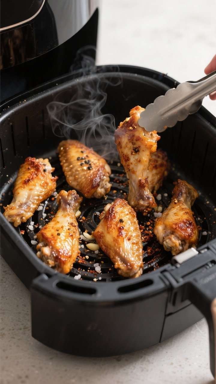 Close-up detail, cooking process: Air fryer basket filled with par-cooked chicken wings at the secon