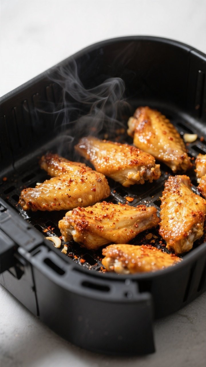 Close-up detail, cooking process: Golden, blistered air fryer chicken wings mid-cook in an open air