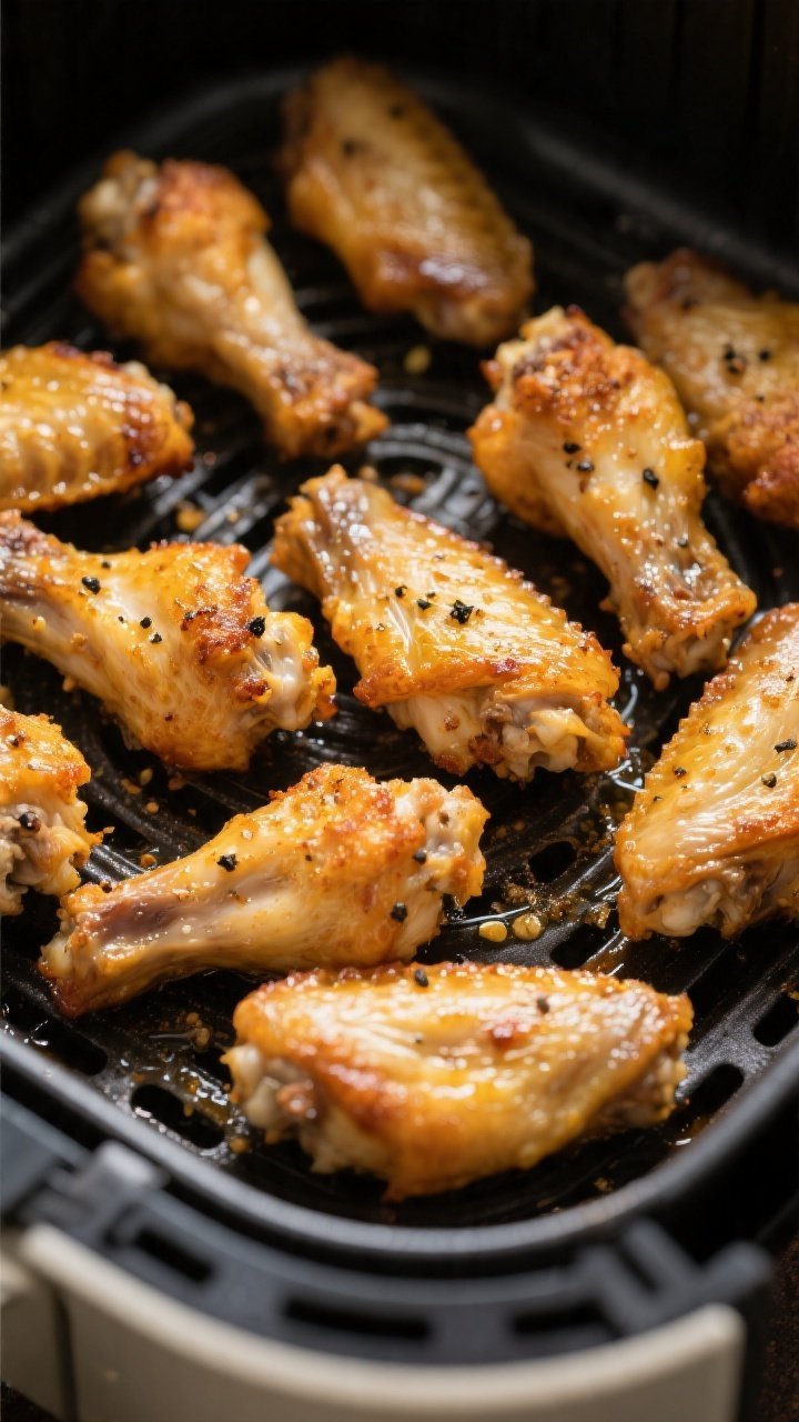 Close-up detail, cooking process: Golden, blistered air-fried lemon pepper chicken wings in an open