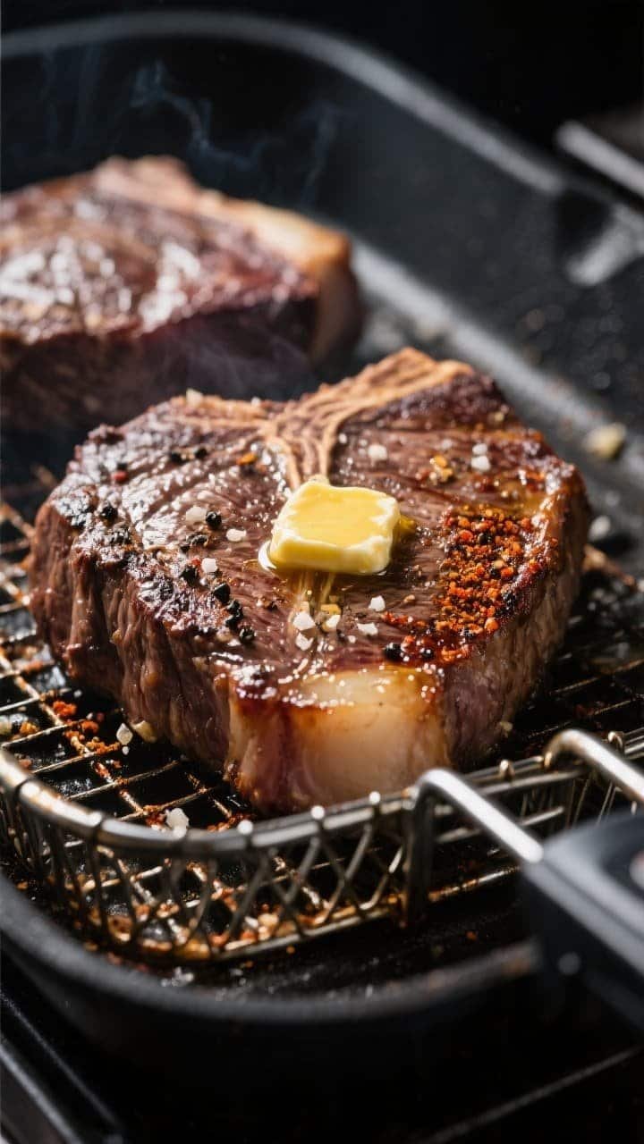 Close-up detail/cooking process: Juicy ribeye steak sizzling in an open air fryer basket at 400°F, 
