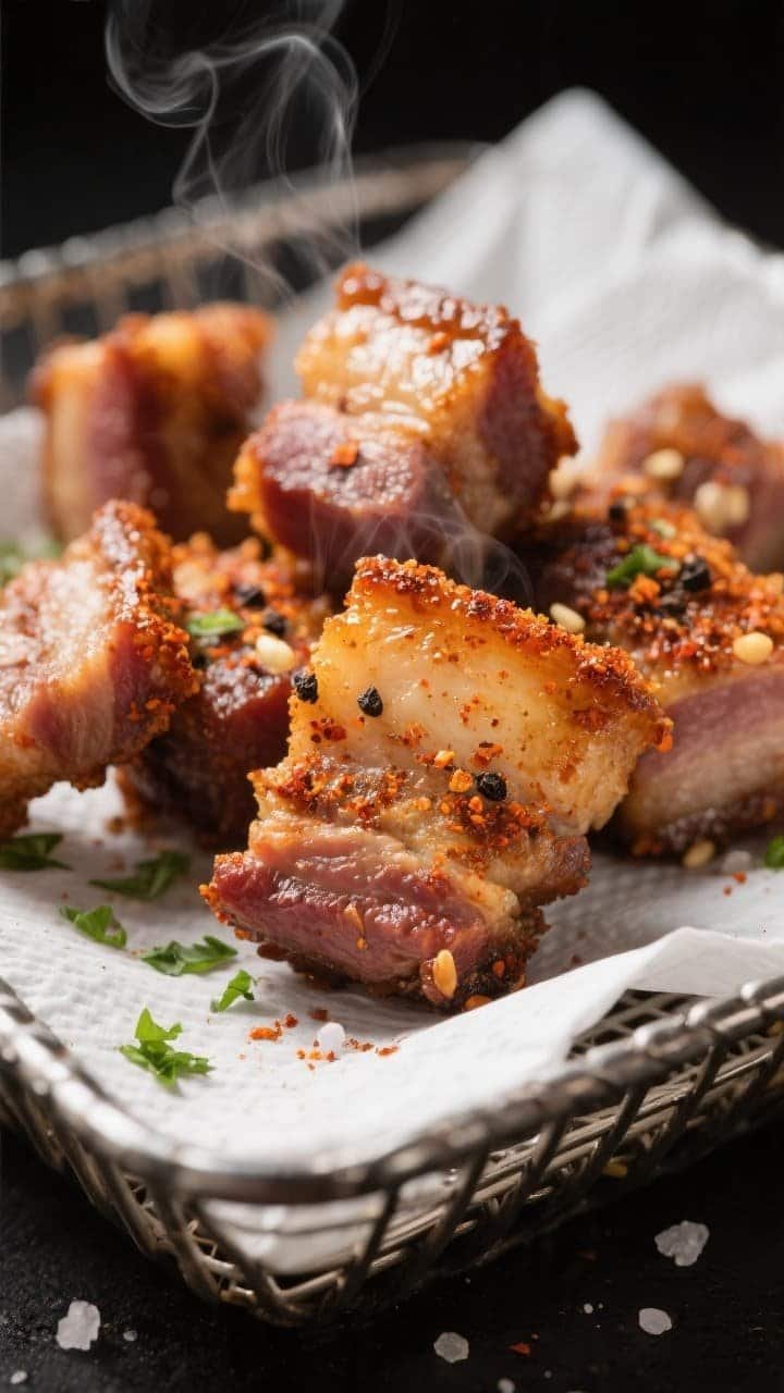 Close-up detail: Crispy air-fried pork belly bites just out of the basket, deep golden-brown edges w