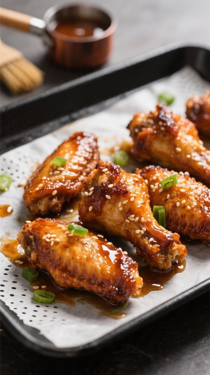 Close-up detail of air-fried chicken wings just after glazing: deep golden-brown, blistered skin wit
