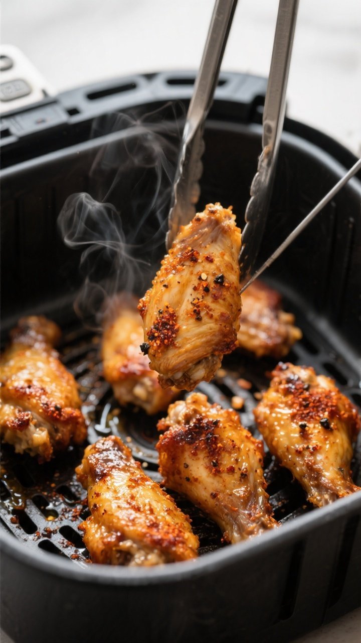 Close-up detail of crispy air fryer chicken wings just after cooking in the basket: golden-brown, cr