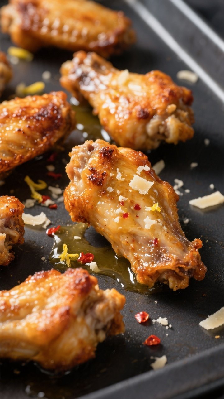 Close-up detail shot: Air-fried chicken wings just pulled from the basket at 400°F, skin shatter-cr