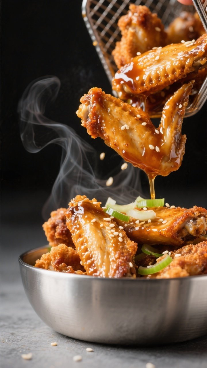Close-up detail shot: Crispy air-fried chicken wings just out of the basket being tossed in a warm g