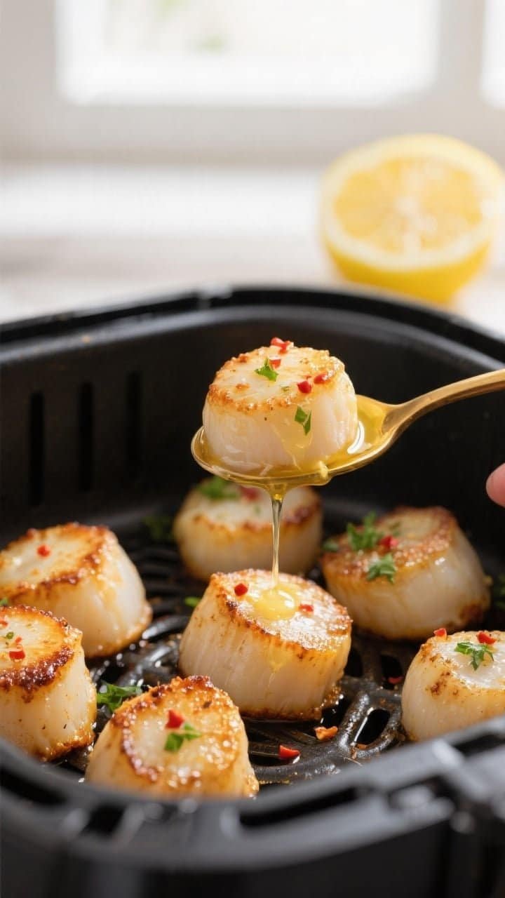 Close-up detail shot: Golden-browned air fryer scallops just out of the basket, edges caramelized wi