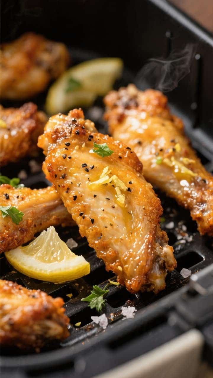 Close-up detail shot: Golden, crackly keto air fryer lemon pepper wings just out of the basket, skin