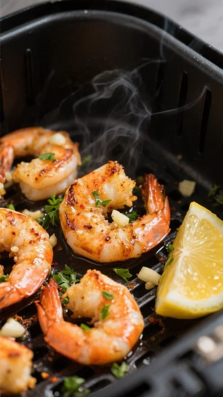 Close-up detail shot: Juicy air-fried garlic shrimp just out of the basket, lightly charred edges wi