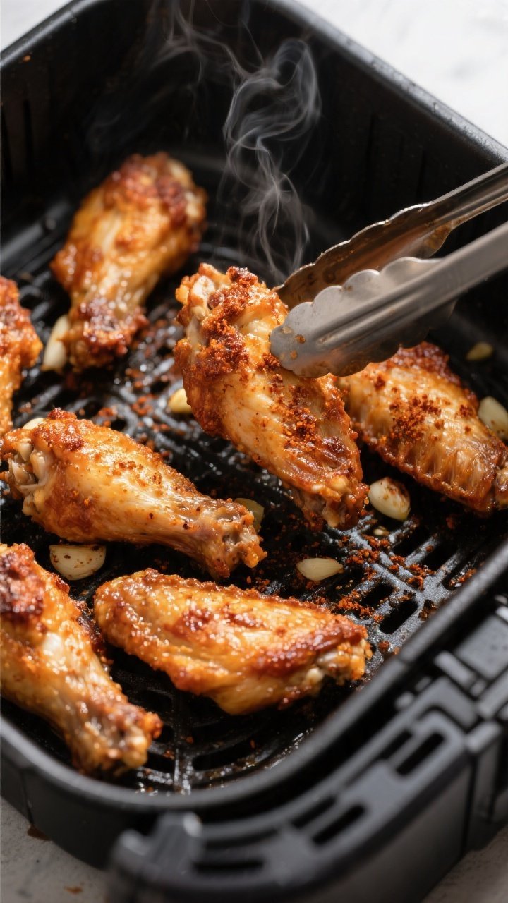 Close-up detail shot of extra-crispy air fryer chicken wings just finished cooking in the basket at