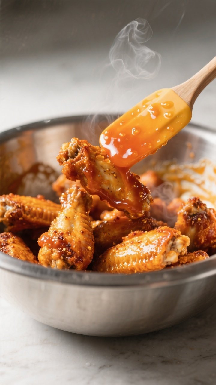 Close-up detail shot of freshly air-fried Buffalo chicken wings being tossed in a glossy, butter-hon
