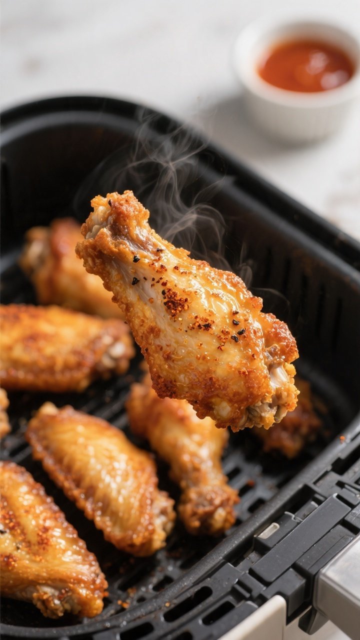 Close-up detail shot: Ultra-crispy air-fried chicken wings just out of the basket, golden-brown blis