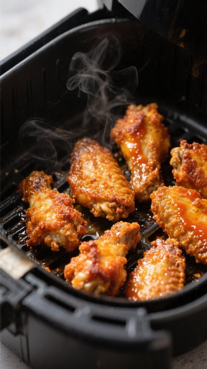 Close-up detail shot: Ultra-crispy air fryer chicken wings just finished cooking, skin deeply golden