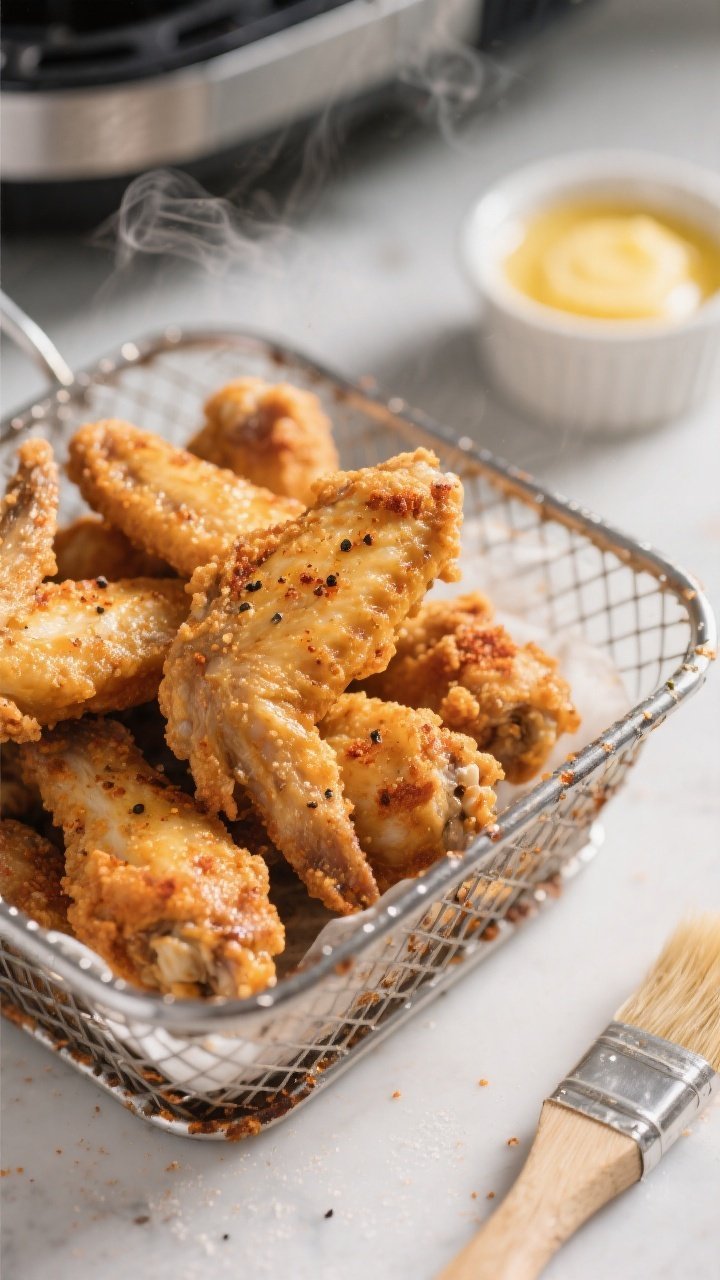 Close-up detail: Ultra-crispy air-fried chicken wings just out of the basket, golden blistered skin