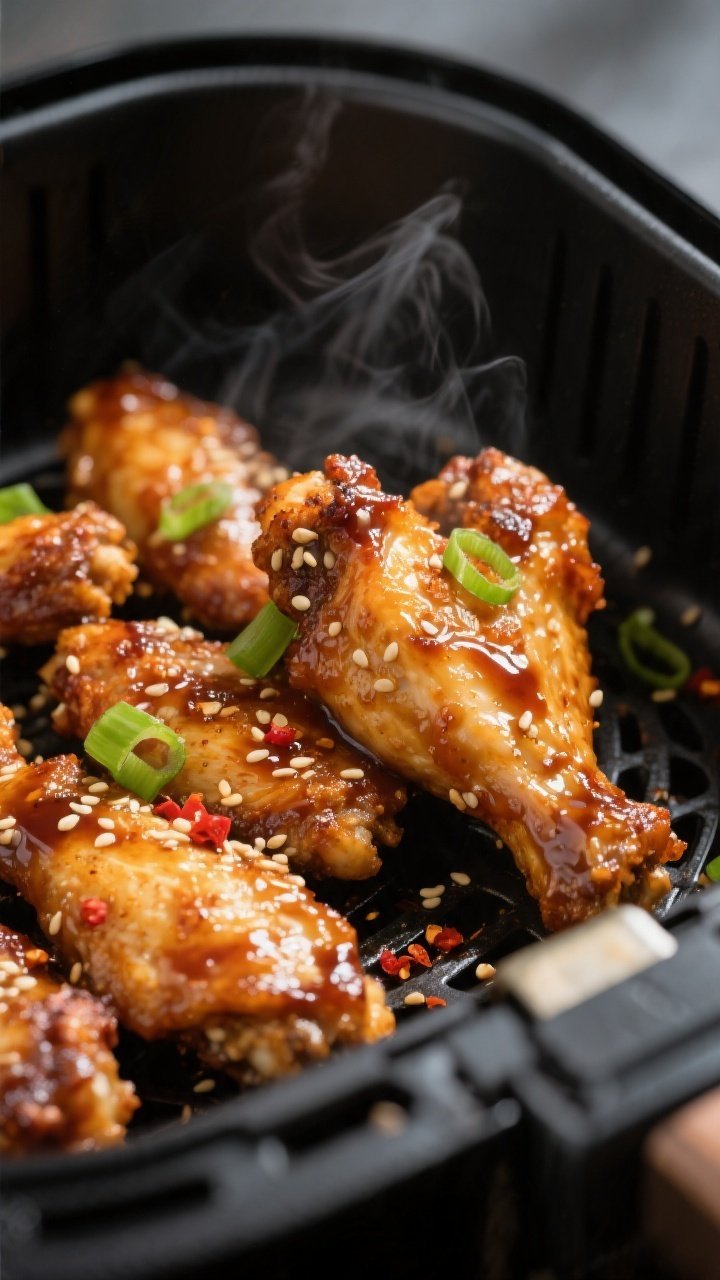 Close-up detail: Ultra-crispy air-fried teriyaki chicken wings just after the glaze is “set” in