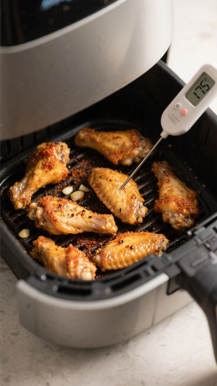Cooking process — Air fryer chicken wings mid-cook: close-up through an open air fryer basket show
