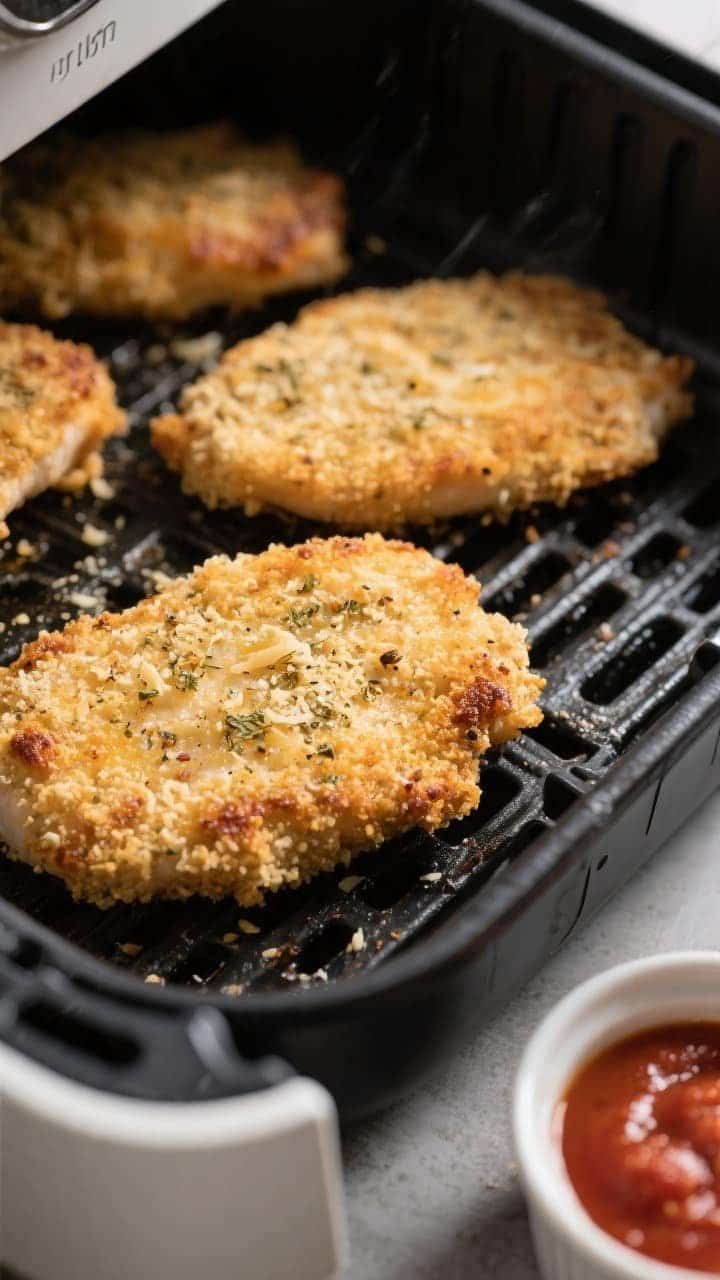 Cooking process close-up: Air-fried keto chicken Parmesan cutlets just after the flip in an open air