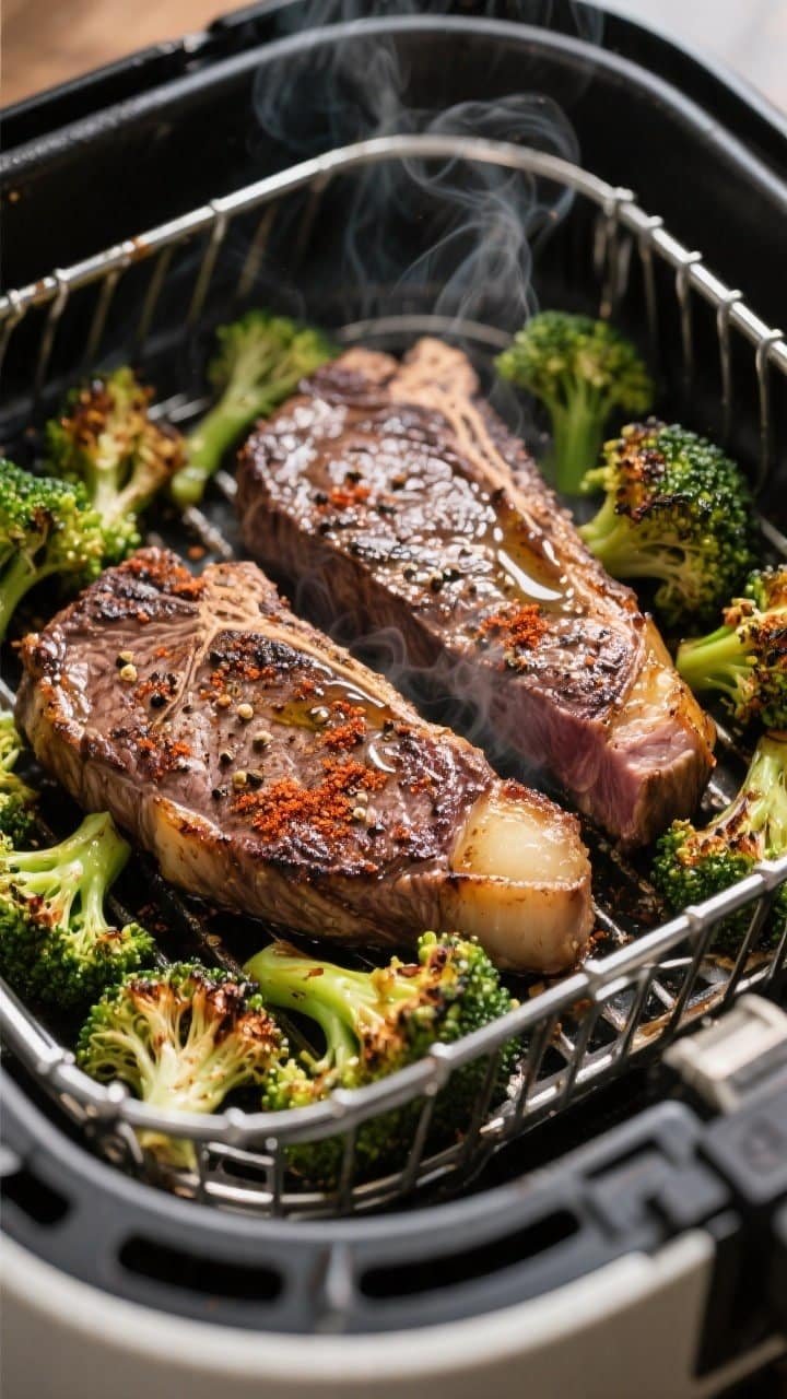Cooking process close-up: Air fryer basket at 400°F with seared 1-inch ribeye and New York strip ce