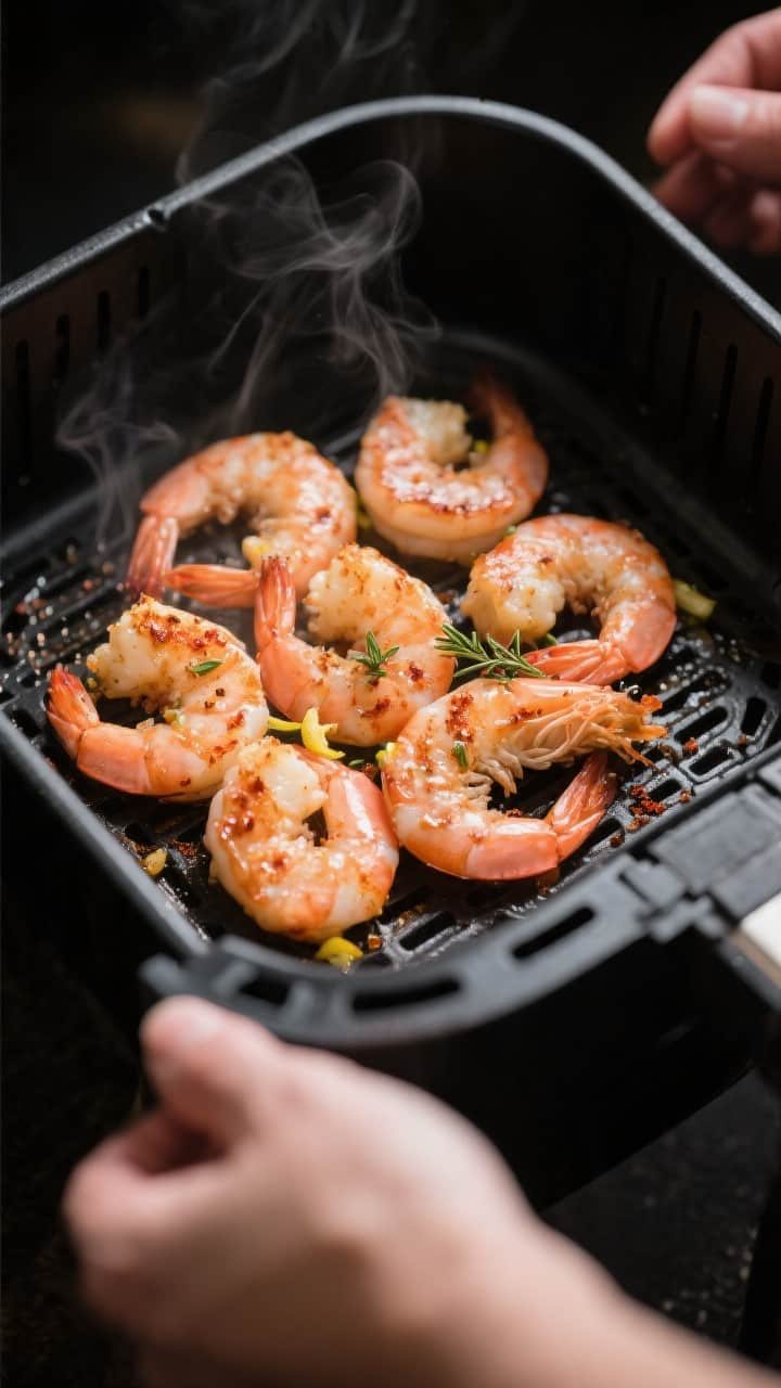 Cooking process close-up: Air fryer basket at 400°F with a single, uncrowded layer of cooked shrimp
