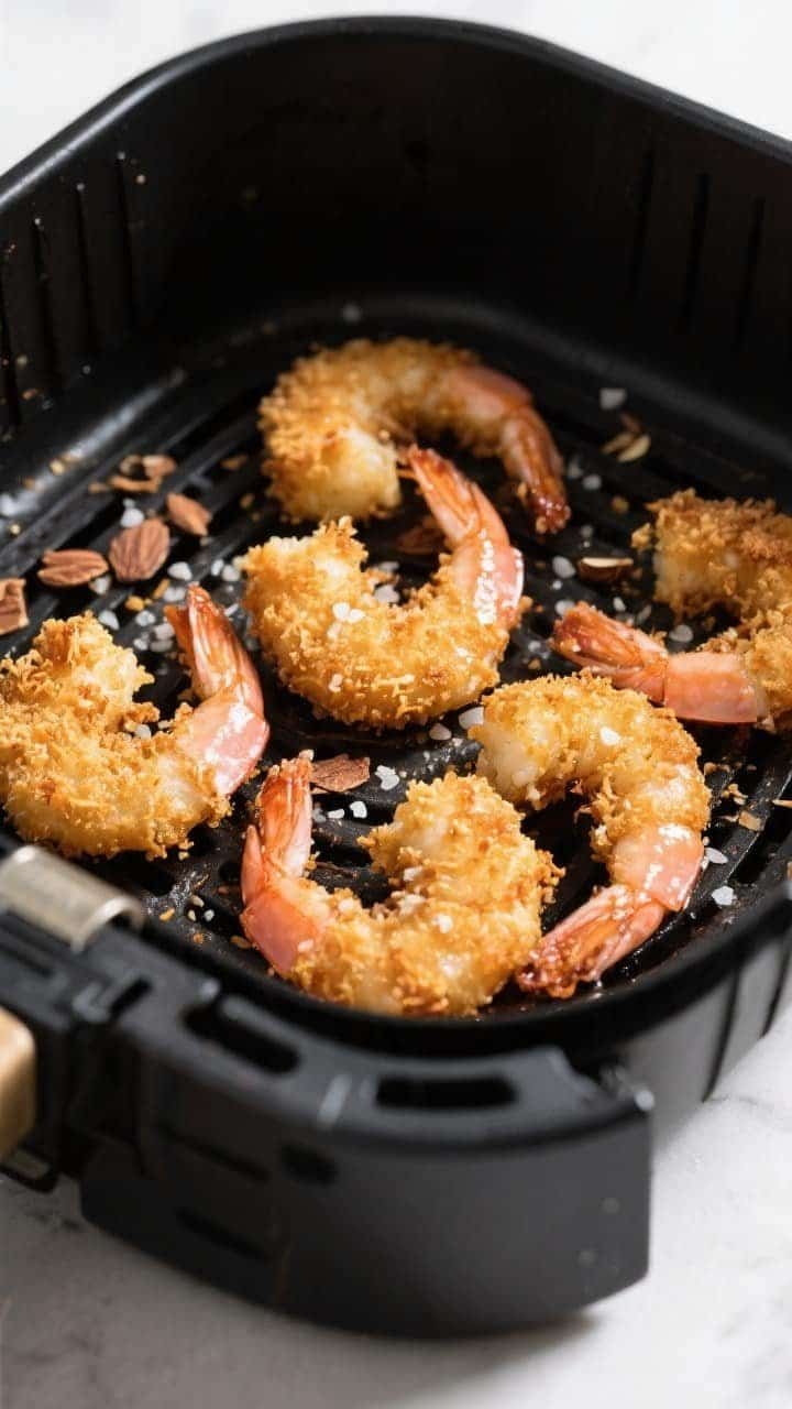 Cooking process close-up: Air fryer basket filled with a single layer of golden-brown keto coconut s