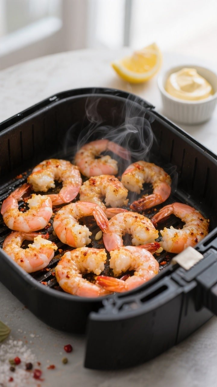 Cooking process close-up: Air fryer basket just opened with cooked, golden-edged shrimp in a single 