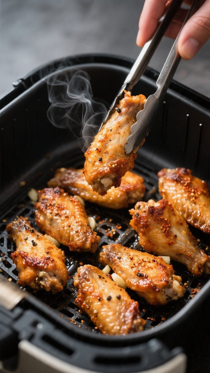 Cooking process close-up: Air fryer basket with a single, evenly spaced layer of fully cooked chicke