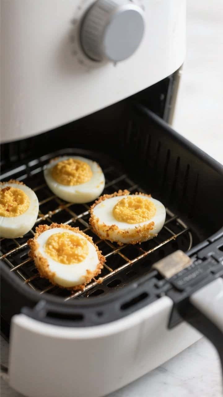 Cooking process close-up: Crispy-style keto deviled egg whites cut-side down in an air fryer basket