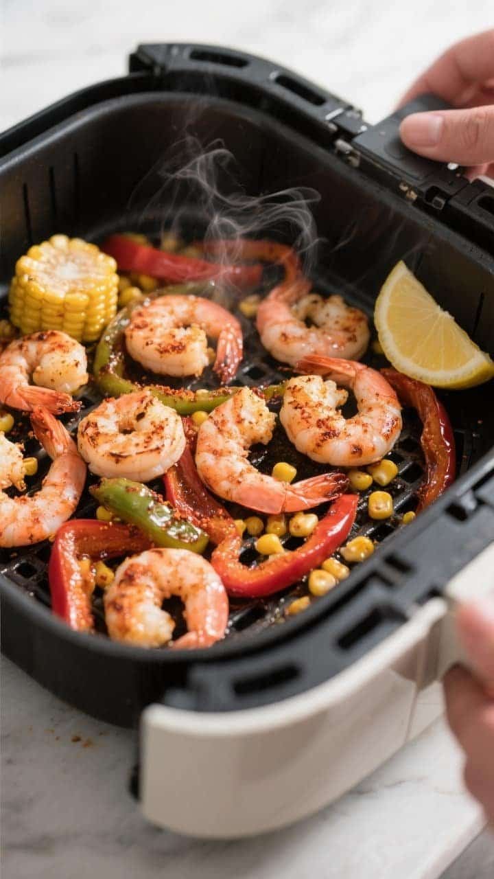 Cooking process, close-up detail: Air fryer basket just opened with cooked Cajun-style shrimp and bl