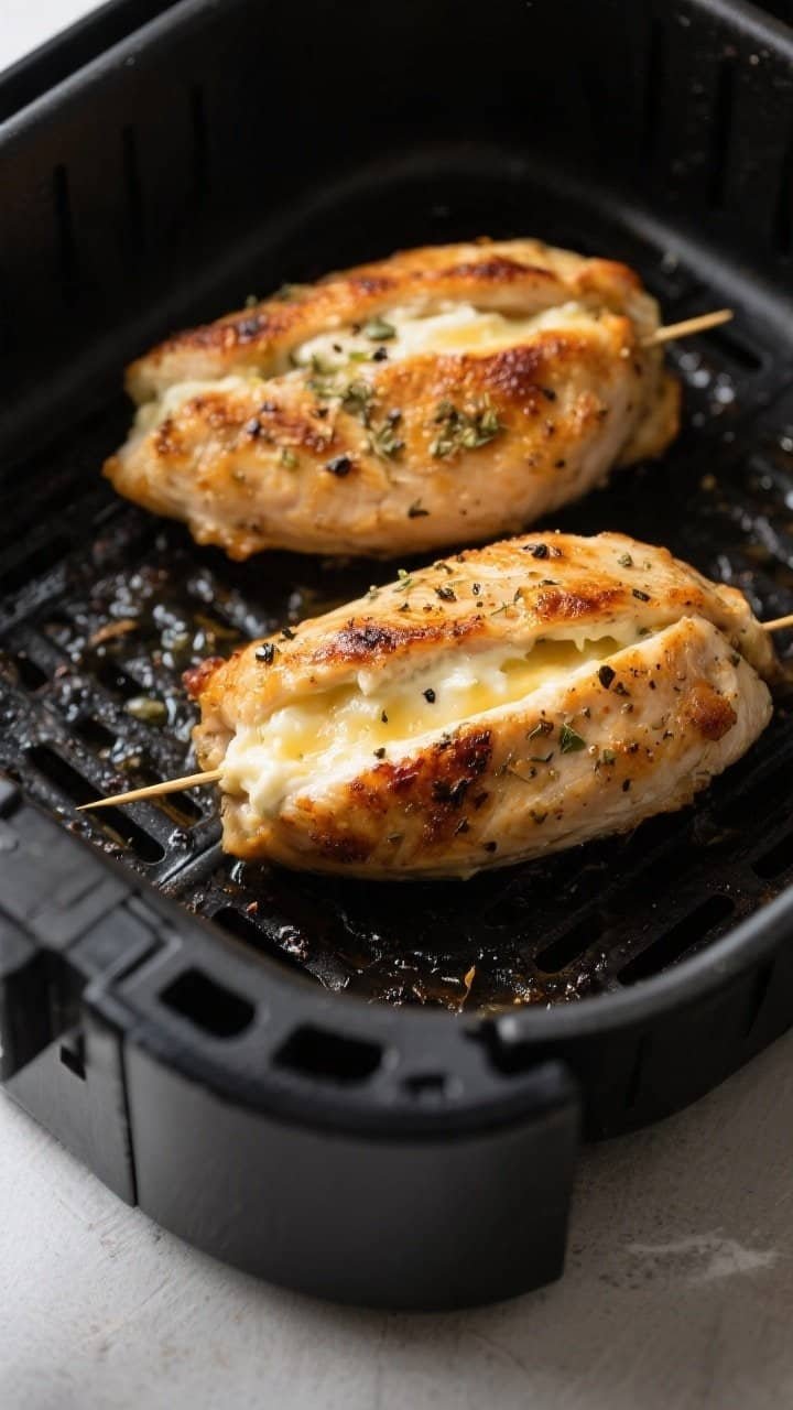 Cooking process, close-up detail: Air fryer basket at 375°F with two golden-browned cream cheese–