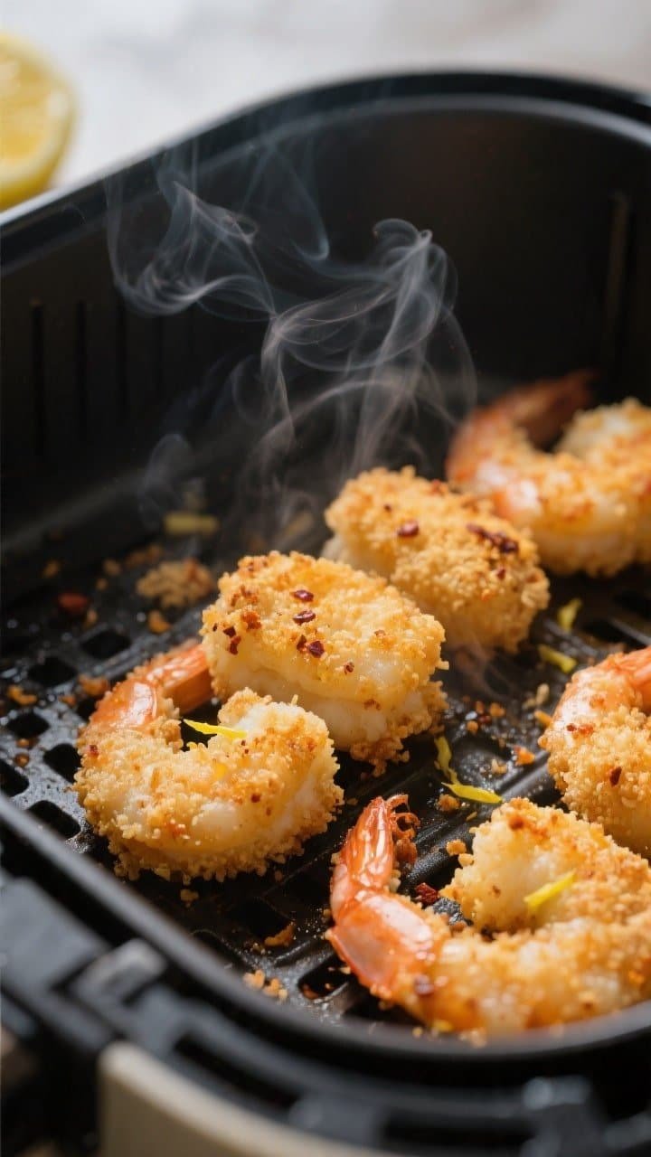 Cooking process, close-up detail: Close-up of golden, panko-crusted air fryer shrimp bites sizzling 