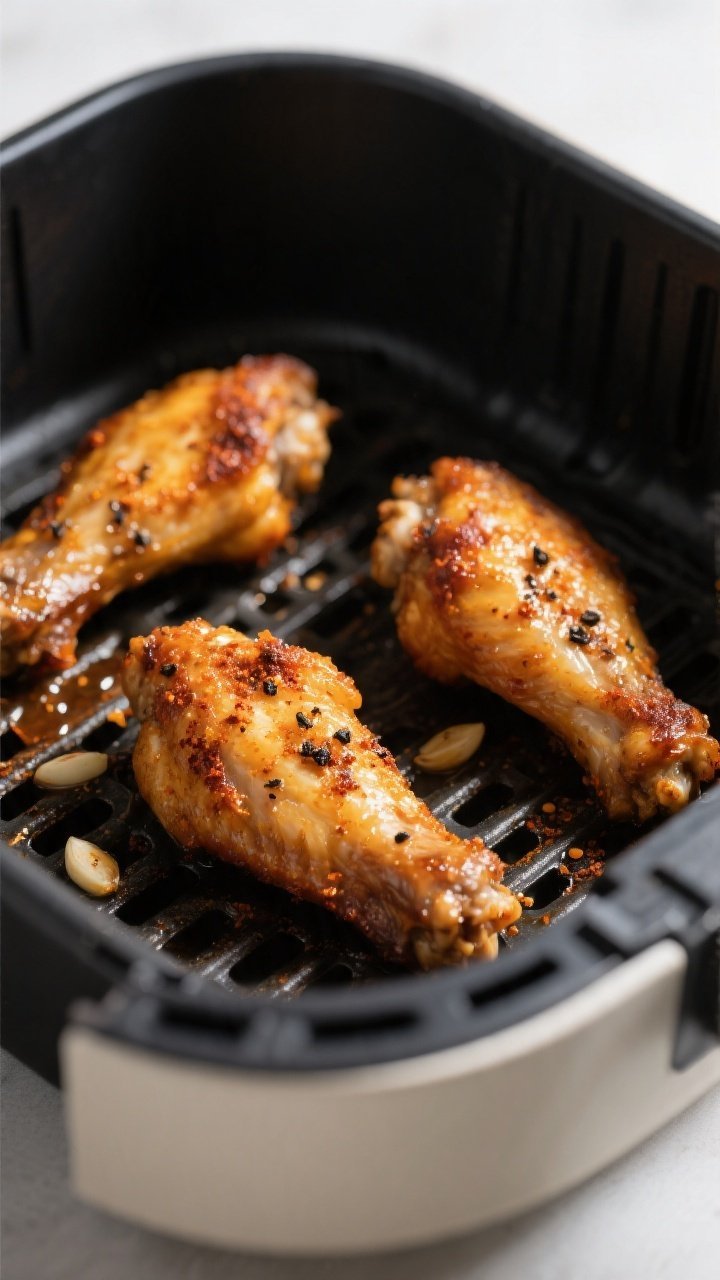 Cooking process, close-up detail: Golden-brown air fryer chicken wings mid-cook in a preheated baske